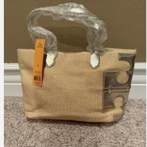 Tory Burch Woven Straw Tote Shoulder Bag Metallic Woven
